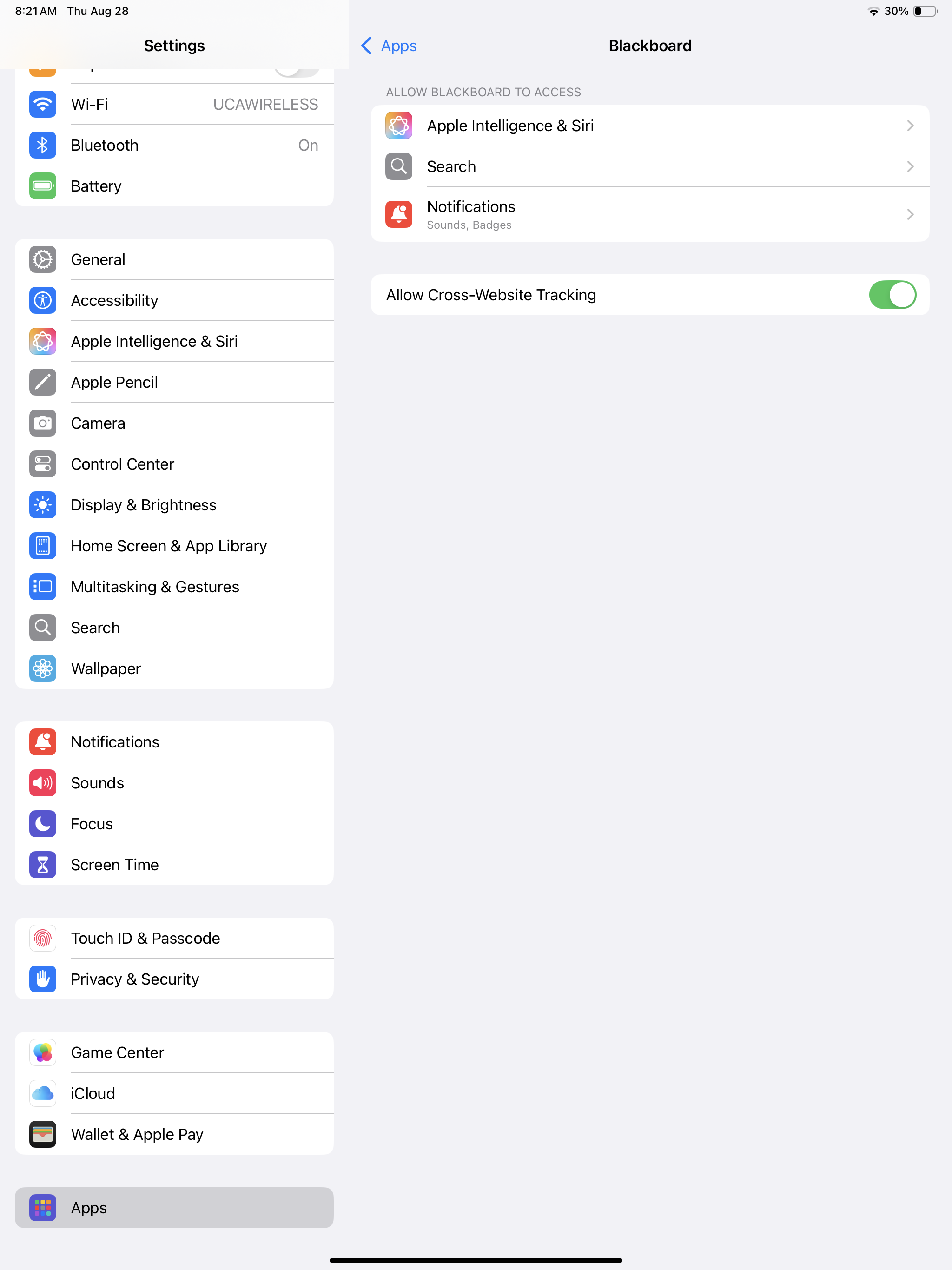 Blackboard app setting: Allow Cross-Website Tracking