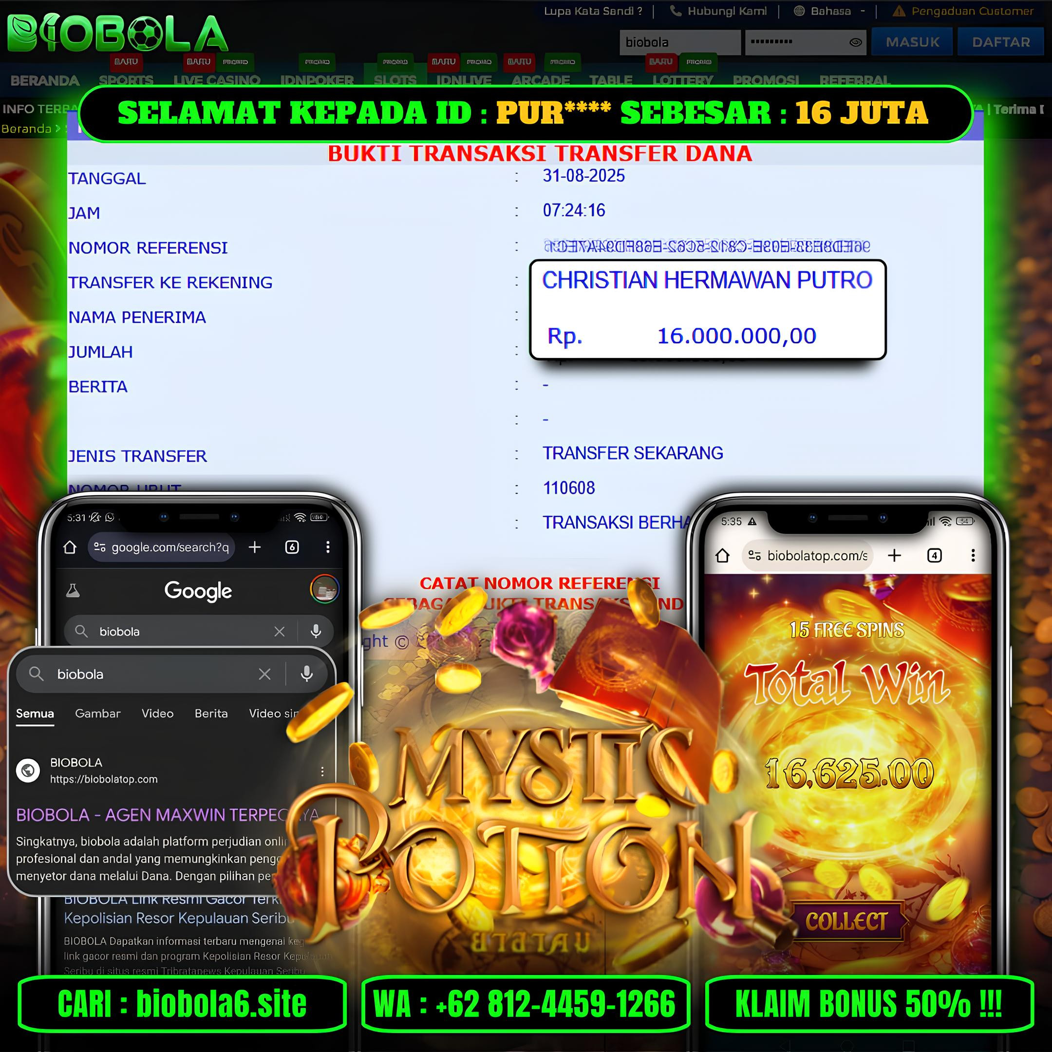 BIOBOLA  - JACKPOT DI GAME MYSTIC POTION RP 16JT DIBAYAR LUNAS