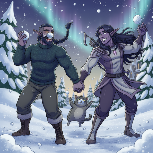 Output a hilarious romantic cartoonish anime style image of Malikor a muscular night elf monk with d.png