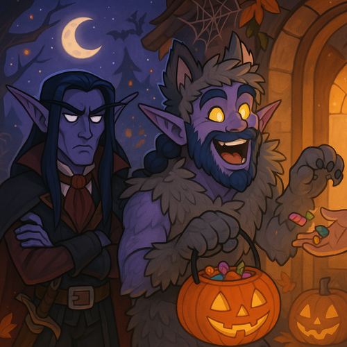 A hilarious cartoonish image of two male night elves trick or treating on a whimsical Halloween nigh.png