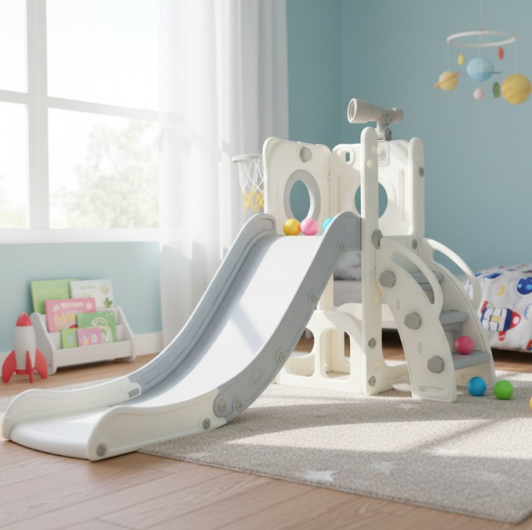 Freso Baby Playground Infantil 4×1 Mini Mundo Grey 1 Torre, Para Crianças de 1 a 4 anos, Compacto e Fácil Montagem, com Escorregador, Cesta de Basquete e Bola, Escalada, Luneta