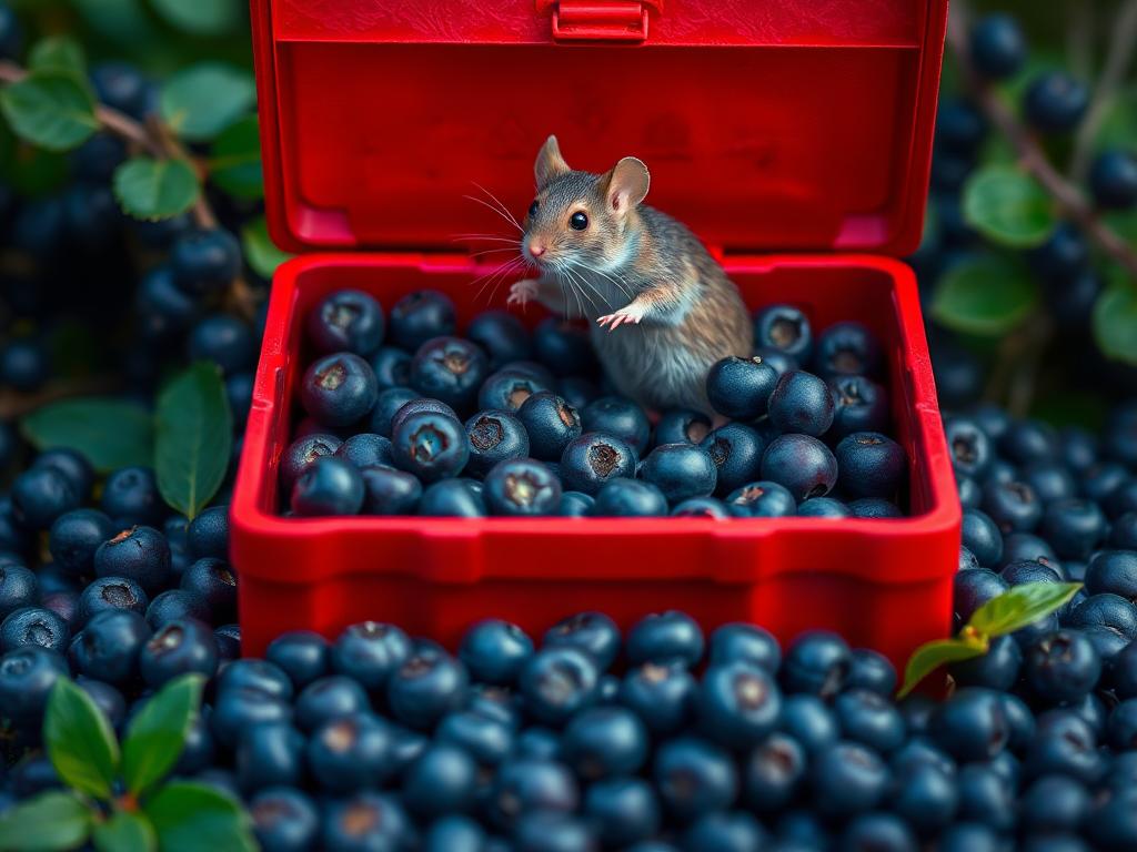 A red box of blue berries with a rat dancing inside