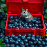 www.naked-ai.art - A red box of blue berries with a rat dancing inside