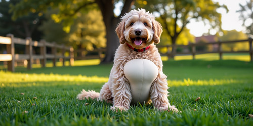 Subject Big Belly Bob a semi plush labradoodle with an absurdly large and spherical belly sitting li.jpg