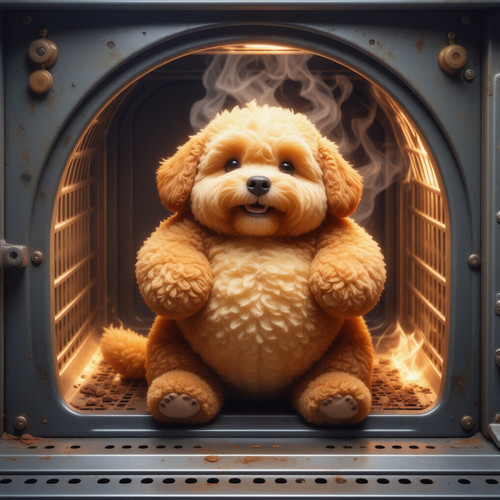 Subject A freshly baked Big Belly Bob BBB an absurdly large spherical belly plush labradoodle coming.jpg