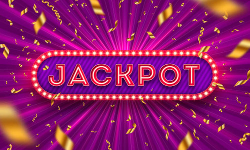 Neon light jackpot retro signboard and golden foil confetti against a light burst background. Vector.jpg