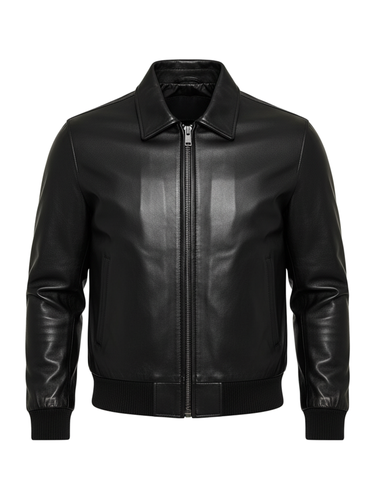 Men Black Bomber Ribbed Biker Leather Jacket 2.png