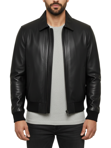 Men Black Bomber Ribbed Biker Leather Jacket 1.png