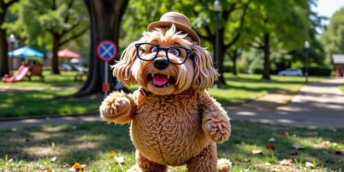 A cartoonish plush labradoodle with an absurdly large belly portrayed as dumb with a goofy expressio.jpg