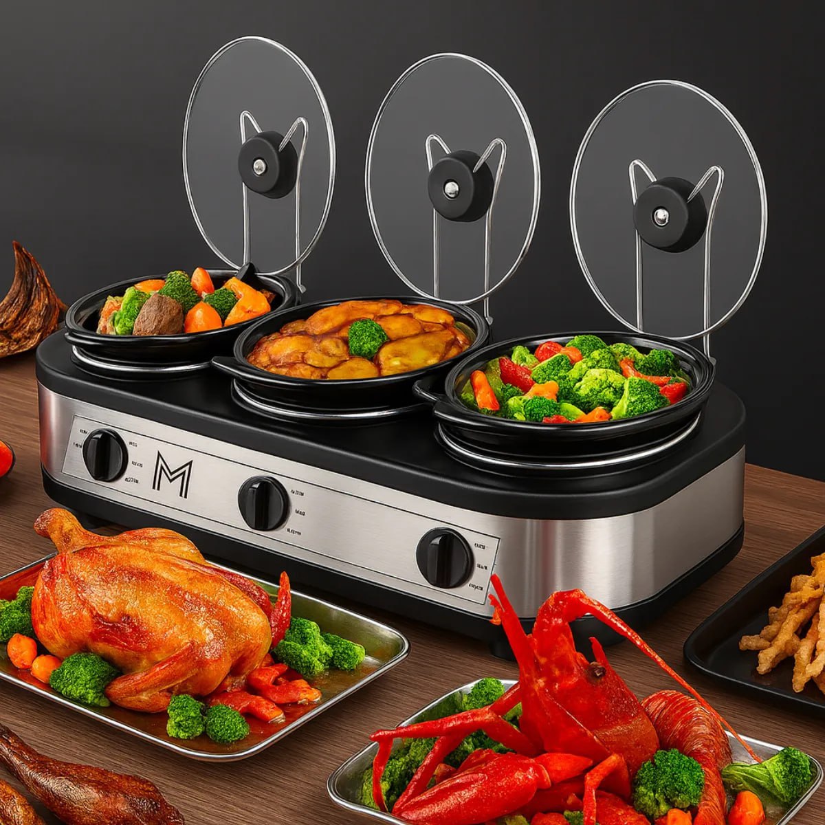 Rechaud Elétrico Members Triplo Buffet Slow Cooker 3 Panelas