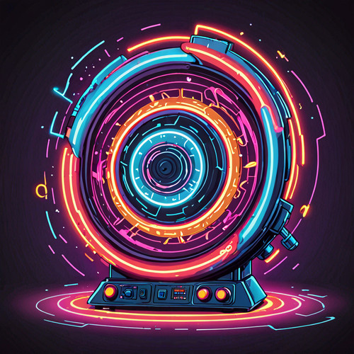 cartoonish depiction of a flux generator bright neon lights swirling energy vortex futuristic machin.jpg