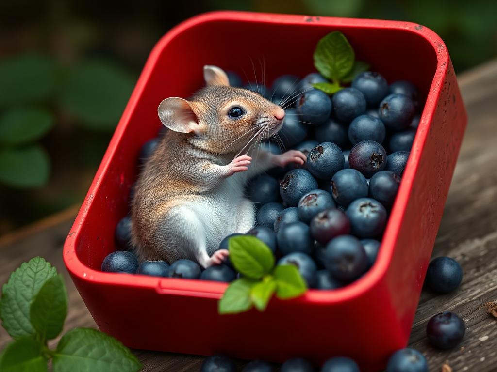 A red box of blue berries with a rat dancing inside