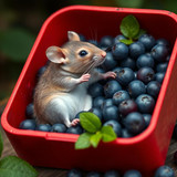 www.naked-ai.art - A red box of blue berries with a rat dancing inside