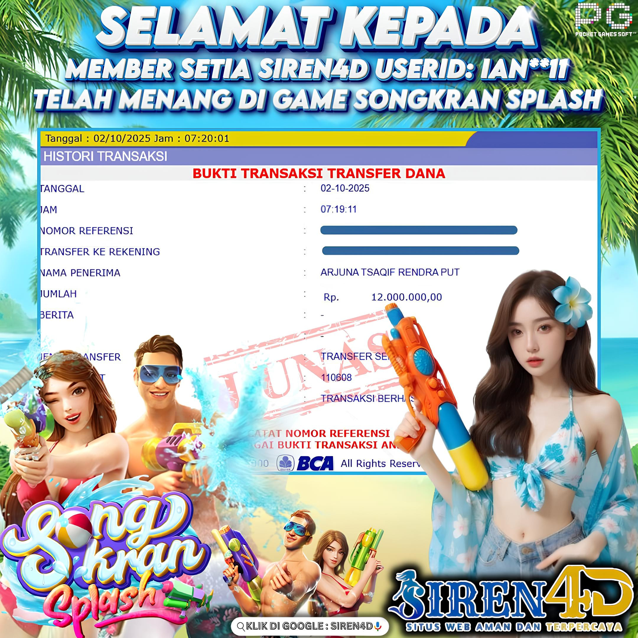 SIREN4D  - JACKPOT DI GAME SONGKRAN SPLASH RP 12JT DIBAYAR LUNAS