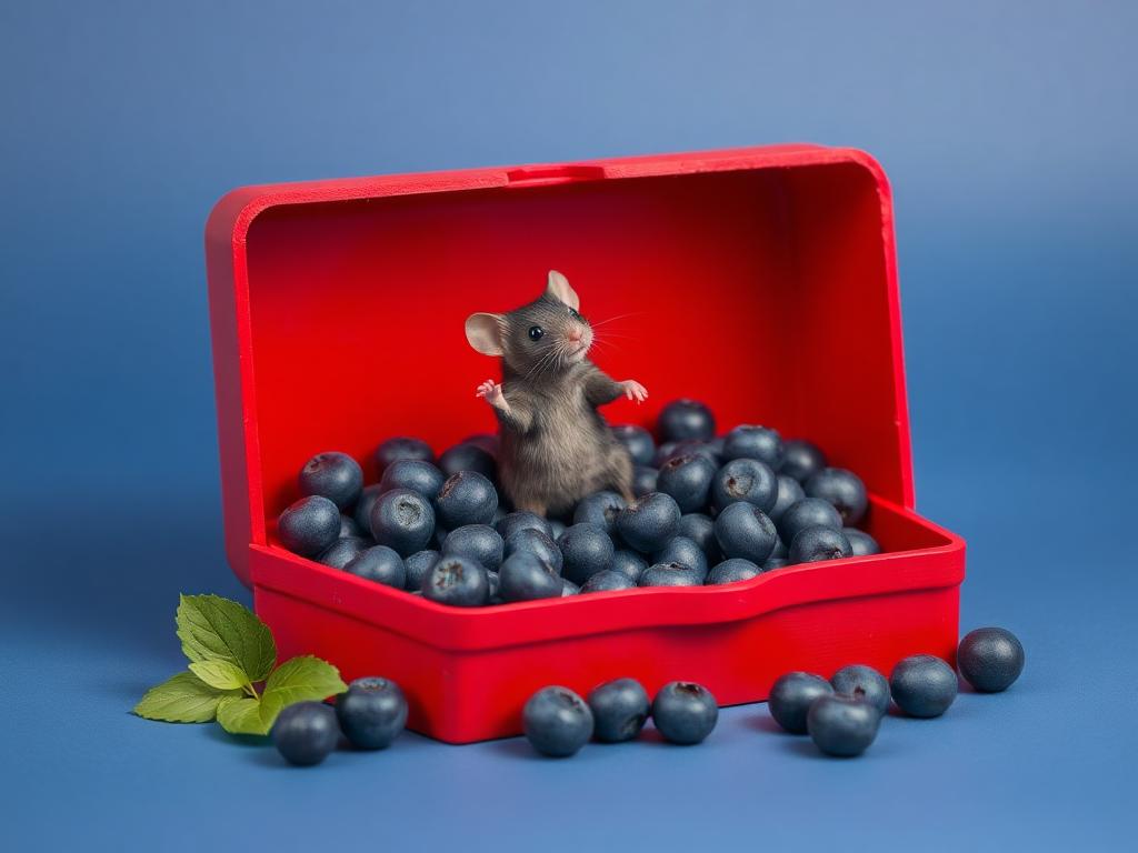 A red box of blue berries with a rat dancing inside