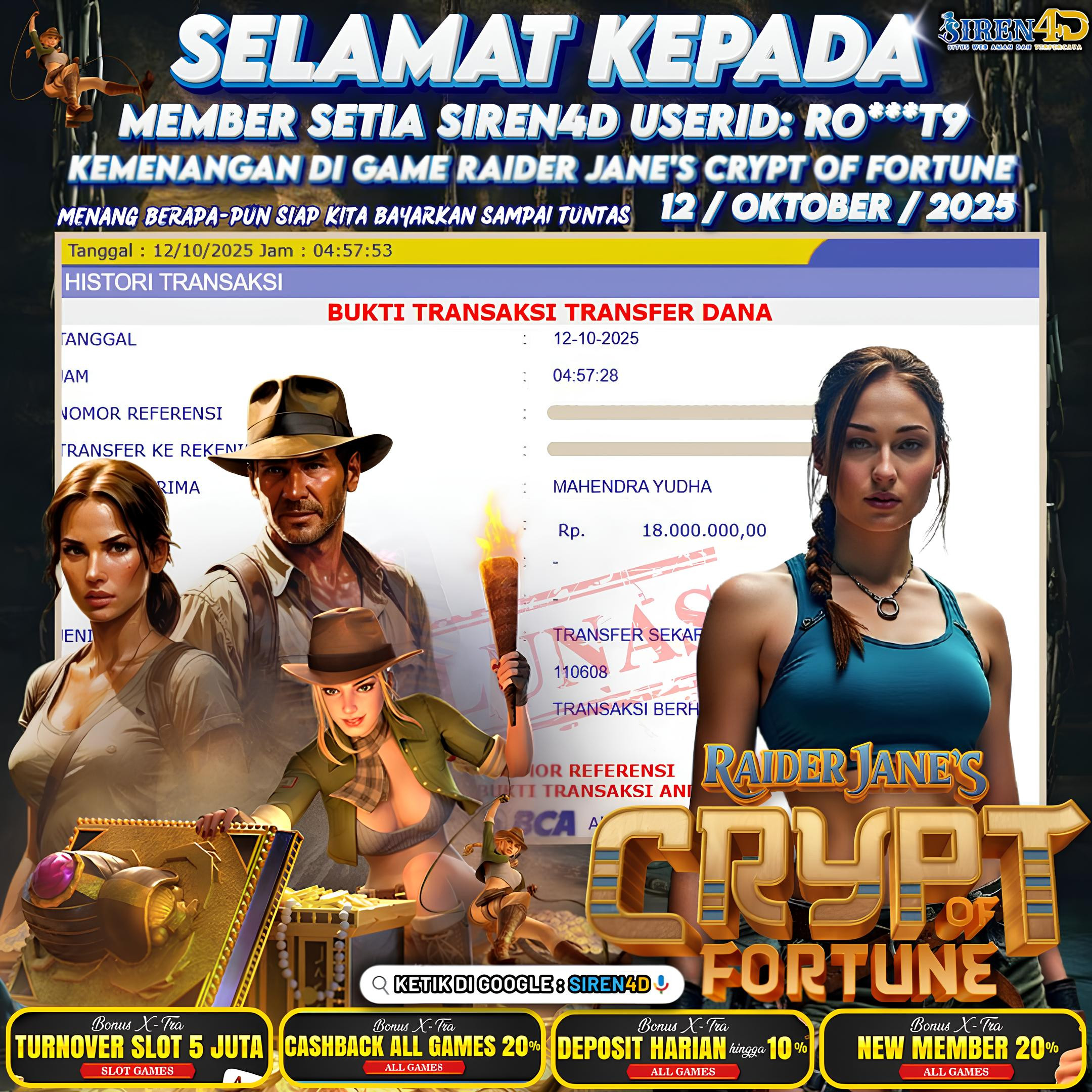 SIREN4D  - JACKPOT DI GAME RAIDER JANE'S CRYPT OF FORTUNE RP 18JT DIBAYAR LUNAS