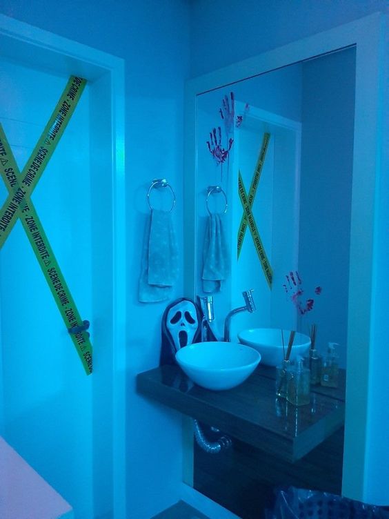 picture of the bathroom decorated for halloween