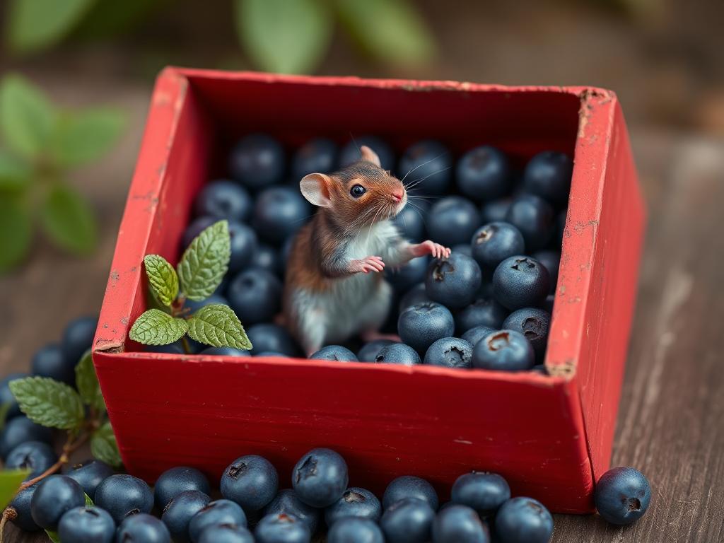 A red box of blue berries with a rat dancing inside