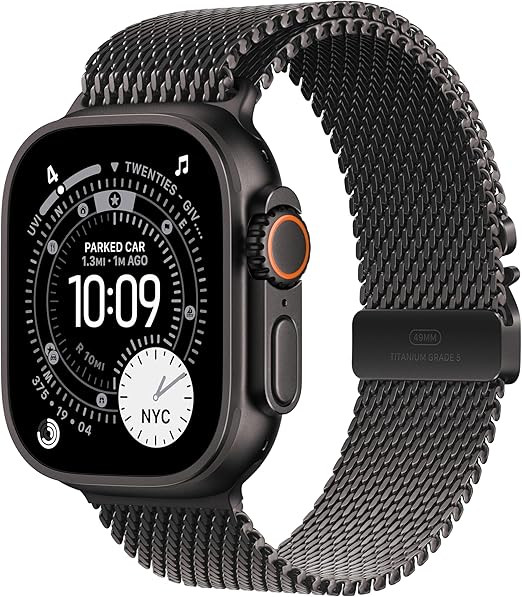 Apple Watch Ultra 3 met zwart titanium kast en Milanees bandje