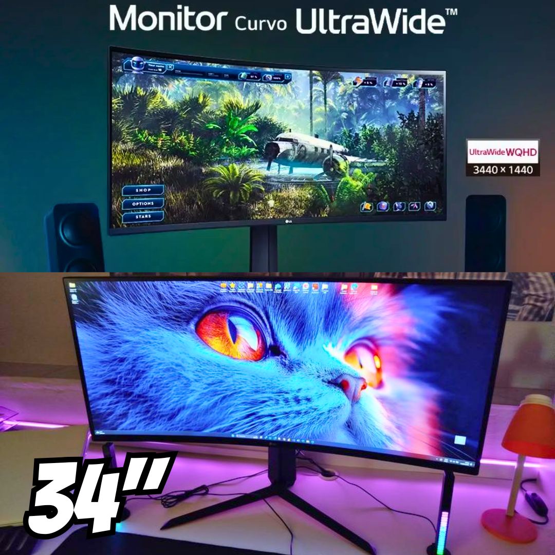 Monitor Gamer LG UltraGear Curvo 34” WQHD UltraWide 3440×1440 160Hz 1ms (MBR) HDR10 AMD FreeSync HDMI 34GP63A-B