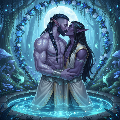 Output an epic image of Malikor a muscular night elf monk with light purple skin dark blue hair tied.png