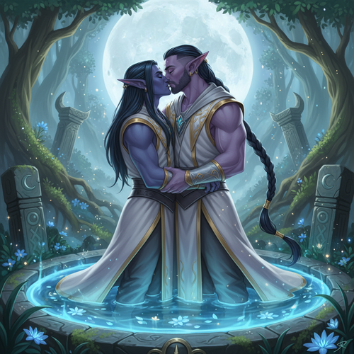 Output an epic image of Malikor a muscular night elf monk with light purple skin dark blue hair tied.png