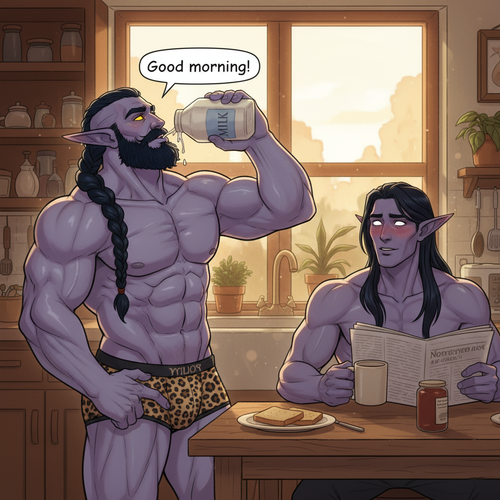 Output a hilarious image of Malikor a very muscular buff and burly masculine night elf monk with lig.png