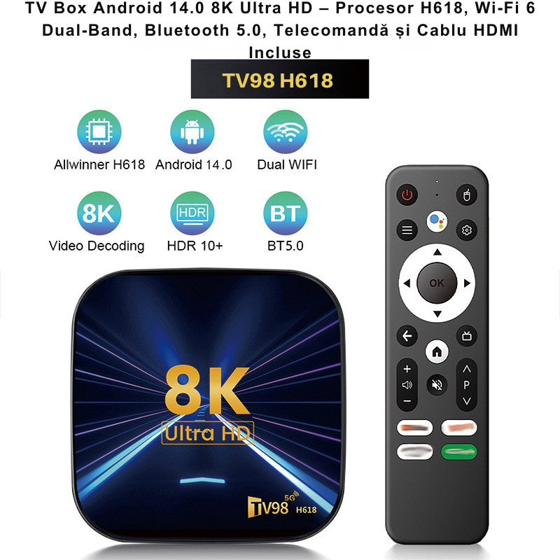 Tv Cu Android TV Box Android 14 8k, 4K HD 5g Dual, WIFI6, Telecomanda Bluetooth, HDMI ...