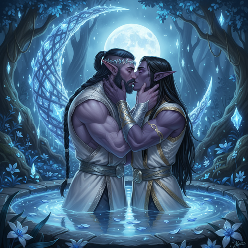 Output an epic image of Malikor a ruggedly handsome and very muscular night elf monk with light purp.png