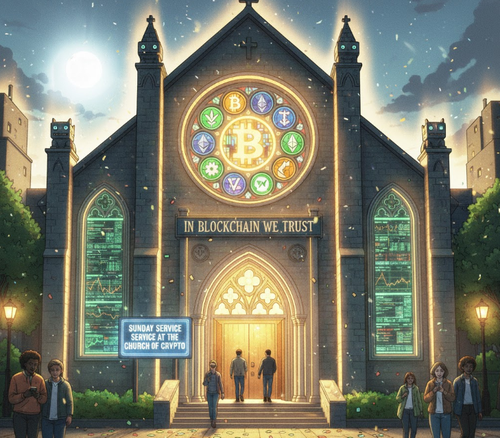 Crypto church illustration - a modern church building with cryptocurrency symbols and holy elements