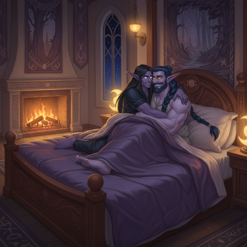 Output an image of Einariel a male night elf hunter with long black hair glowing white eyes and dark.png