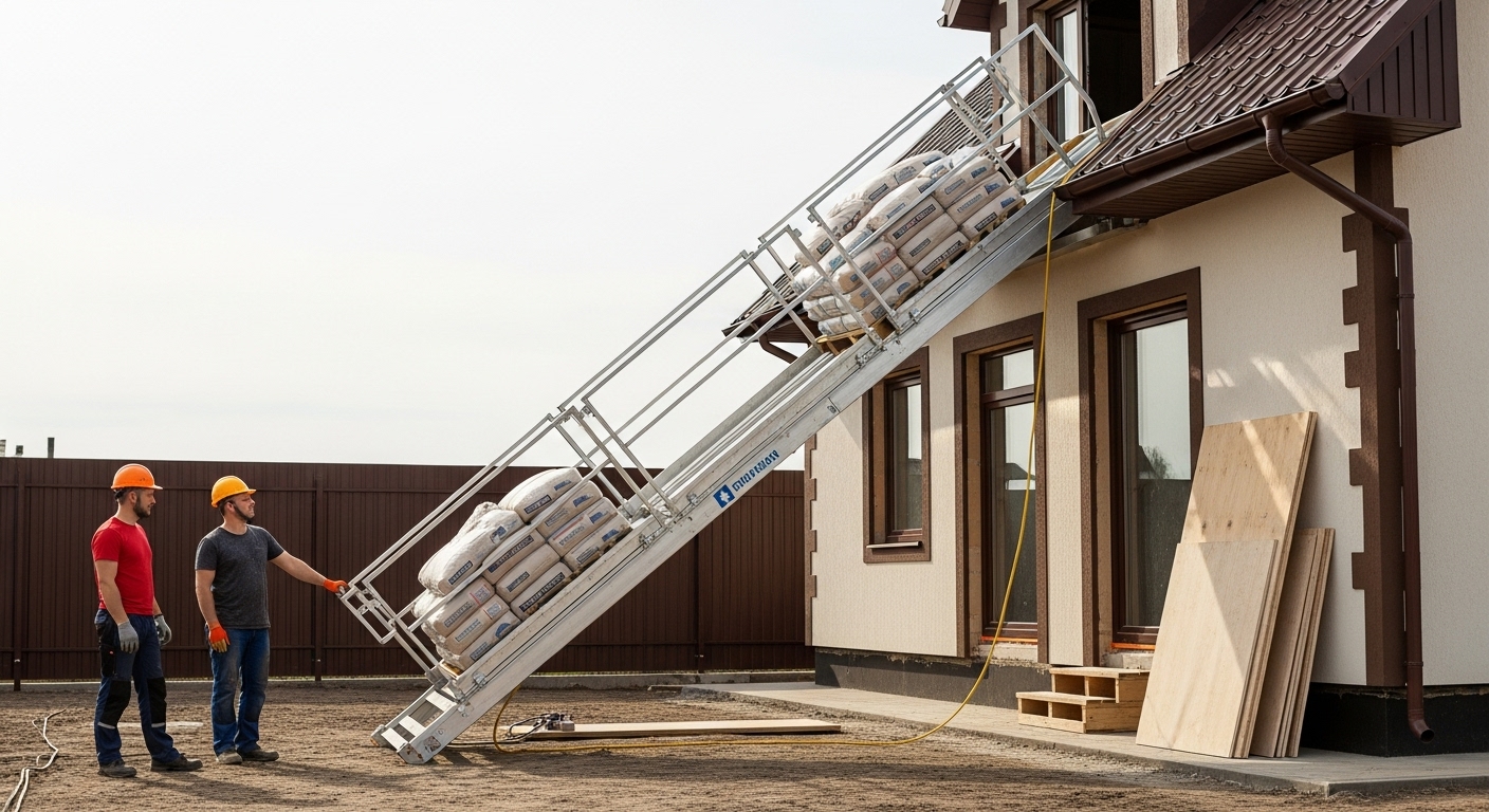 Работа наклонного подъемника на строительном объекте