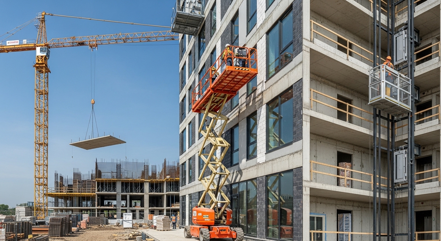 Современное грузоподъемное оборудование на строительной площадке