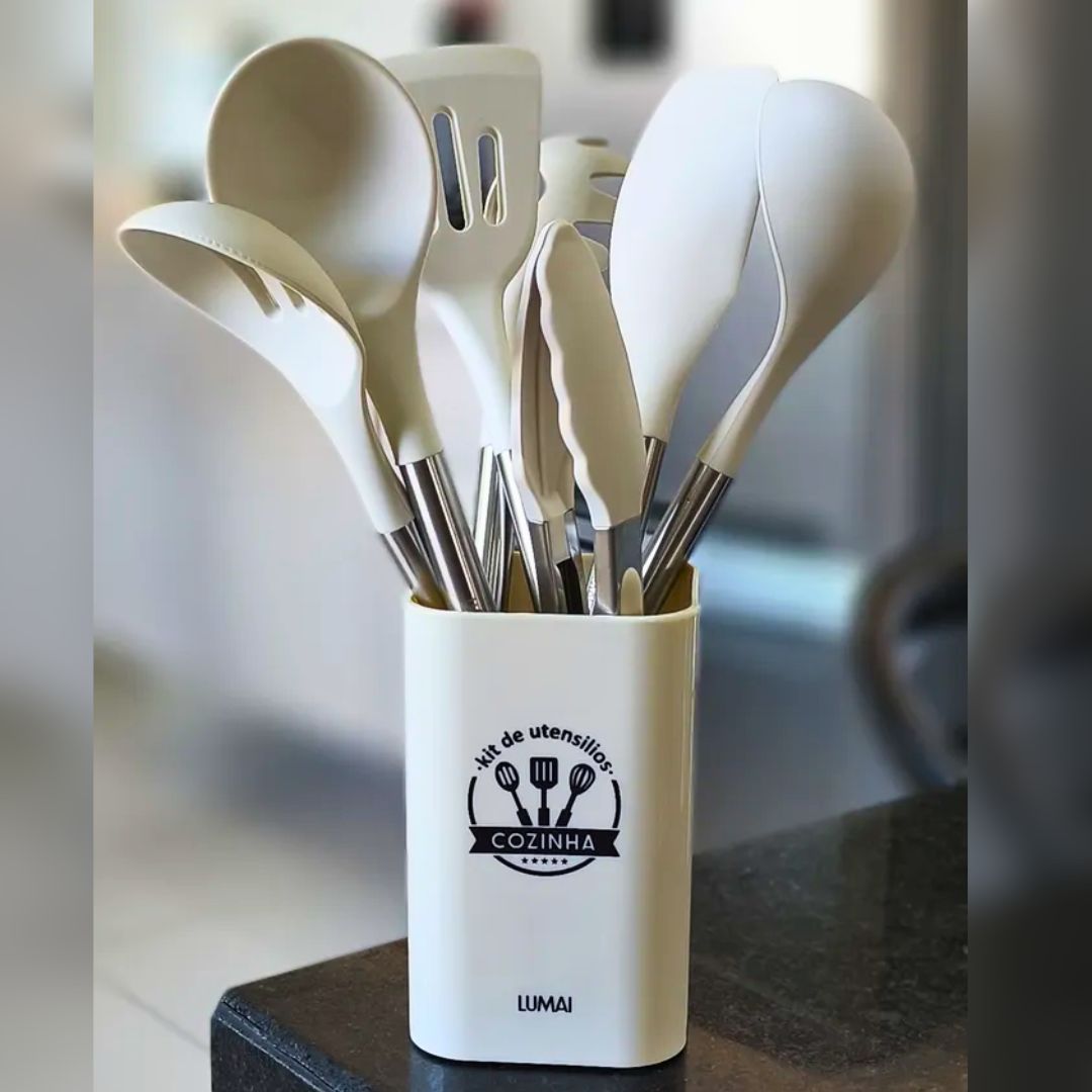 Kit 8 Utensilios De Cozinha De Silicone Cabo De Inox Grande