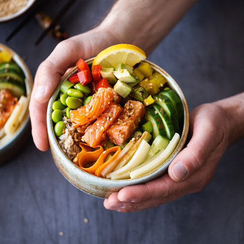 Salmon with vegetables on rice photography.jpg
