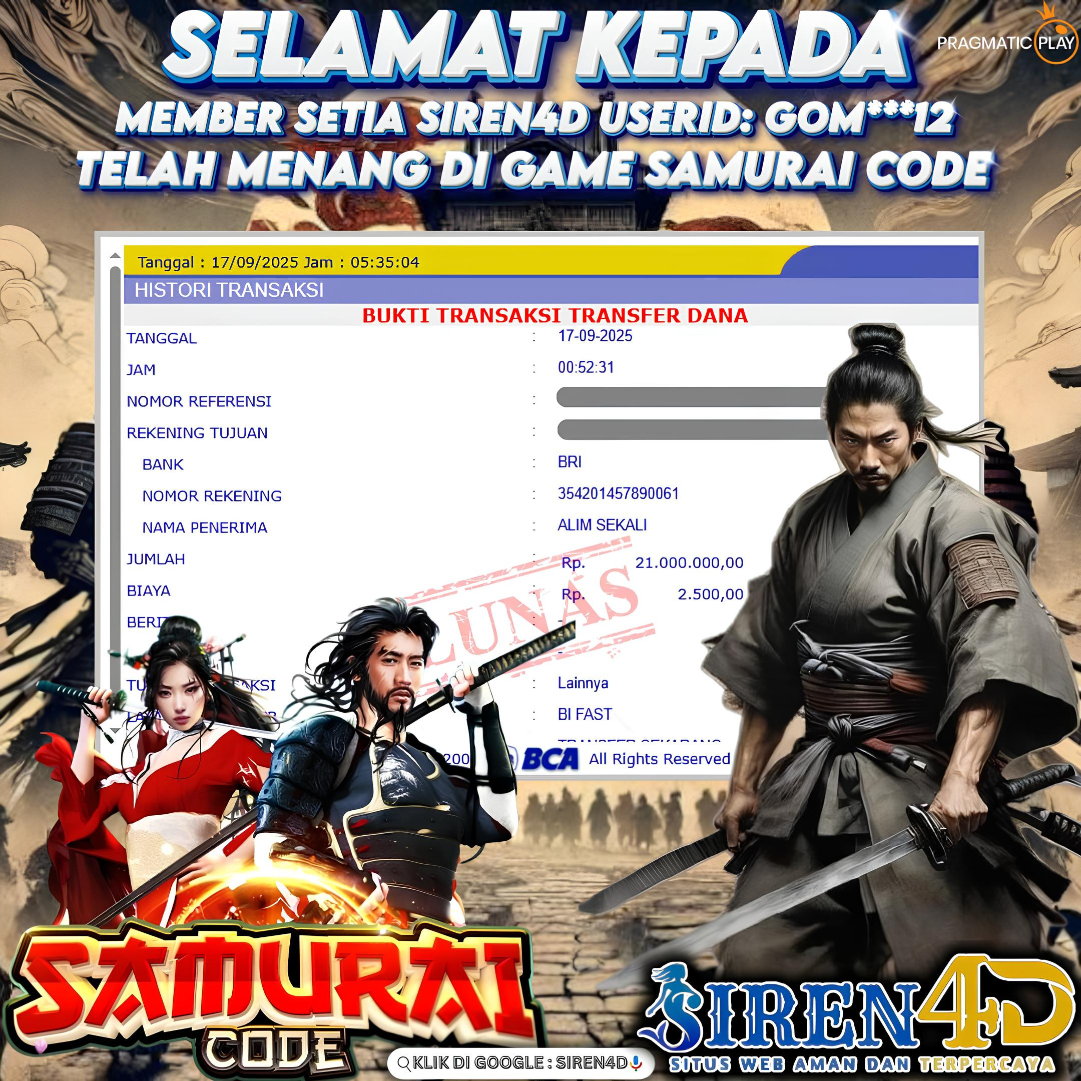 SIREN4D  - JACKPOT DI GAME SAMURAI CODE RP 21JT DIBAYAR LUNAS