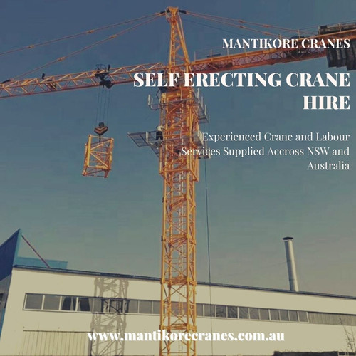 Mantikore Cranes has over 20 years’ experience in construction industries and expert in Self Erecting Crane Hire. We Provide the best cranes for sale or hiring. Our cranes and personnel are suitably skilled and experienced to overcome all kinds of crane challenges. Ranging from small to large projects we have a crane to meet your needs. Our experience and knowledge ensure that you receive quality new and used cranes for sale throughout Australia at a reasonable price. Also, you can hire tower crane, self-erecting cranes, and electing Luffing cranes etc. If you have any question about crane hire please call us at 1300626845 or email us at info@mantikorecranes.com.au.

Website:  https://mantikorecranes.com.au/