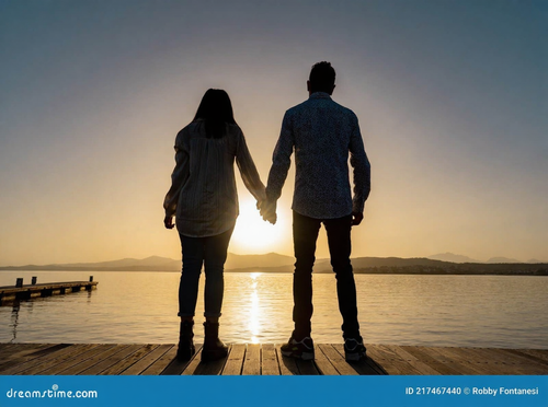 suggestive silhouette back shot young couple love holding hands standing pier watching sun setting r.png