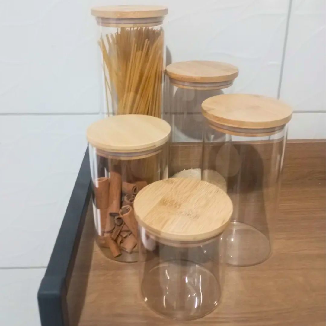 Conjunto 5 Potes Organizador Hermético Vidro Bambu Silicone Madeira