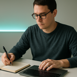 2. A designer sketching or typing at a clean setup