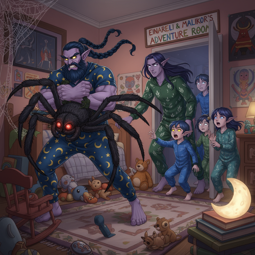 Output an epic and hilarious image of Malikor a muscular night elf monk with light purple skin yello.png