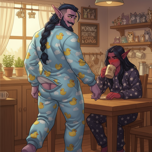 Output an updated version of the provided image where Malikor the muscular night elf in the duck one.png