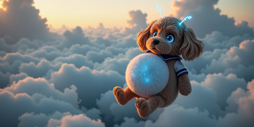 A cinematic photorealistic Big Belly Bob BBB as a plush labradoodle with an absurdly large perfectly.jpg