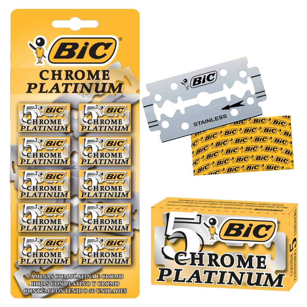 Lâmina de Barbear BIC Chrome Platinum, 835384, Kit com 10 blisters de 5 unidades, Revestida de Cromo e Platina, BIC