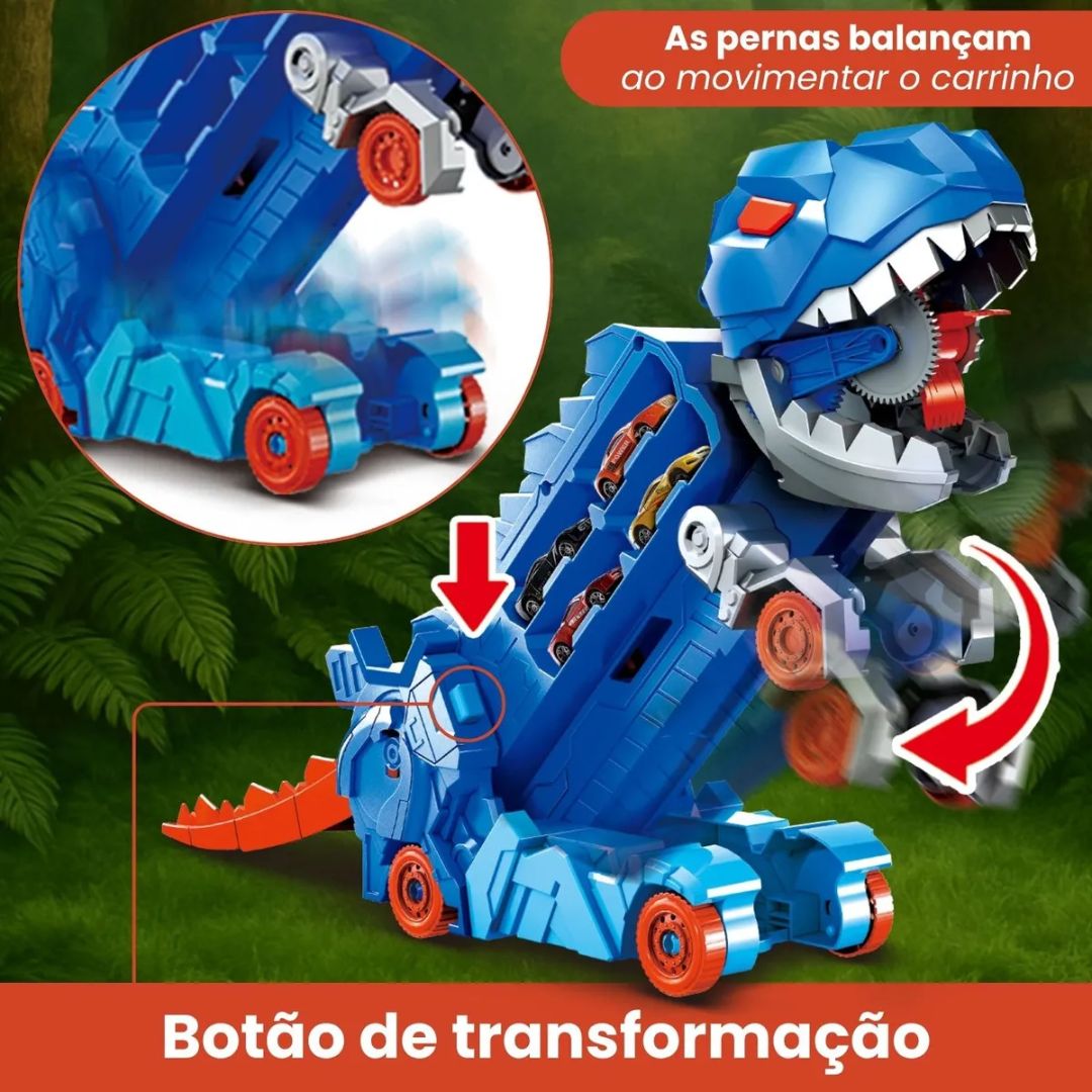 Caminhão Dinossauro Pista Com Carrinhos Maleta Transporte Cor Azul