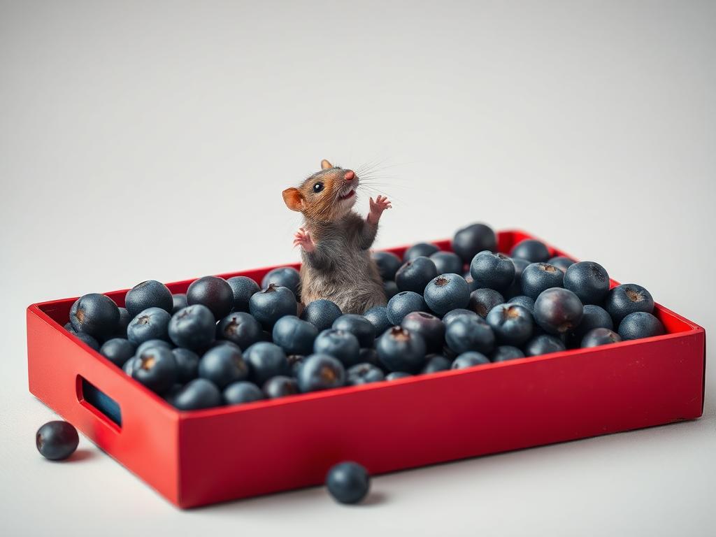 A red box of blue berries with a rat dancing inside
