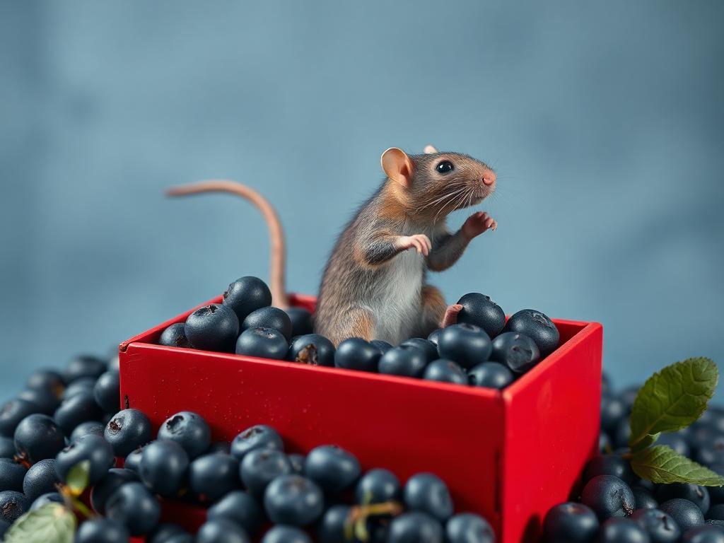 A red box of blue berries with a rat dancing inside