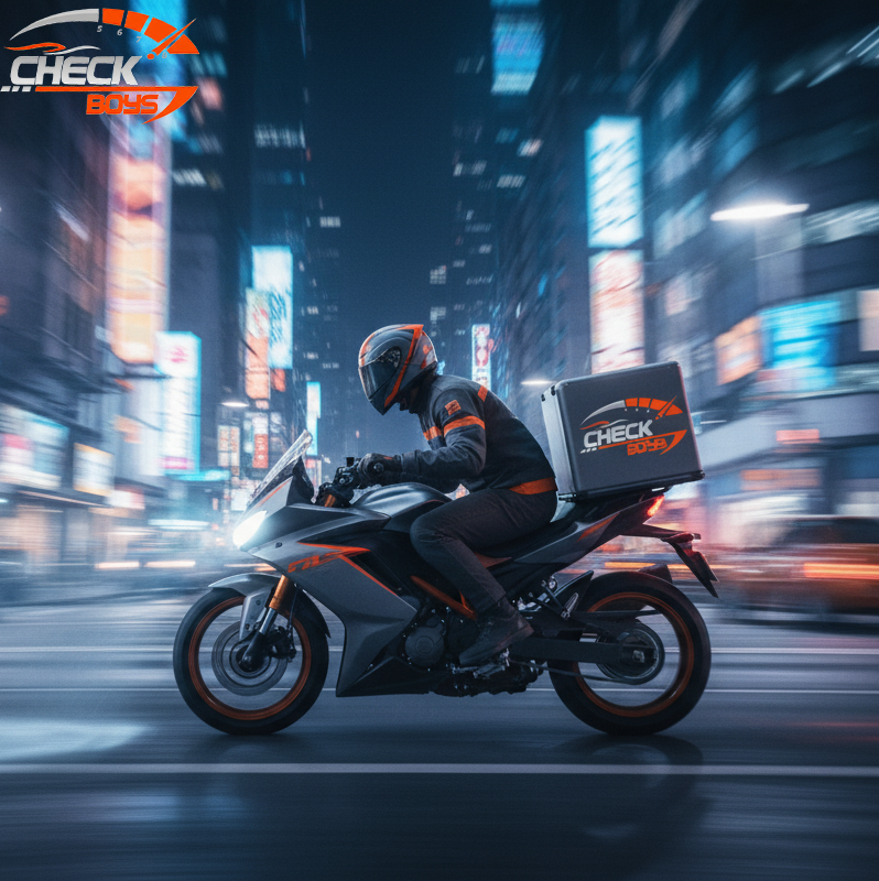 Motoboy em alta velocidade com efeito de desfoque, simbolizando agilidade