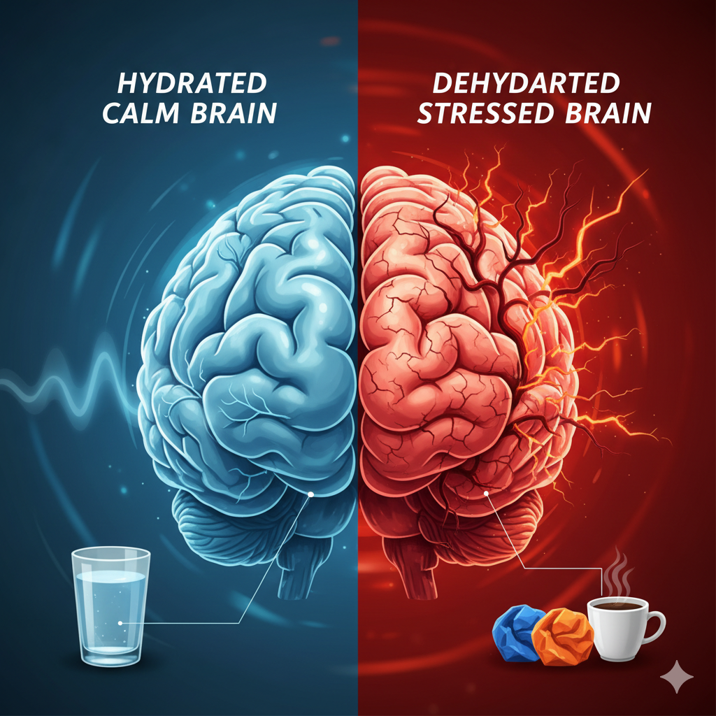 Illustration showing a hydrated, calm brain versus a dehydrated, stressed brain