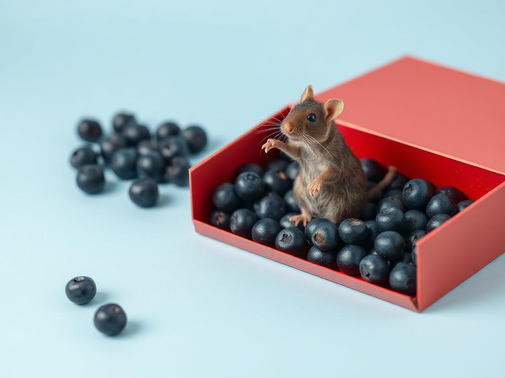 A red box of blue berries with a rat dancing inside